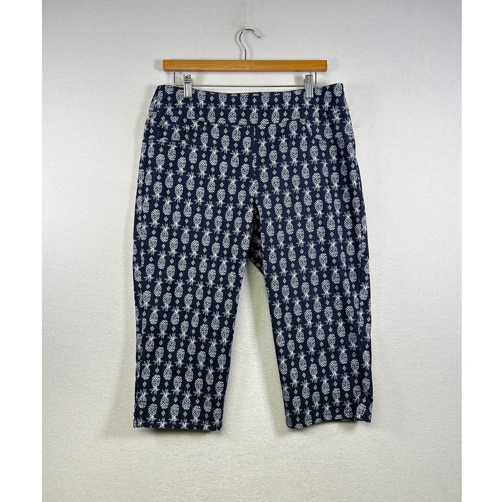 Ruby Rd Pineapple Capri Pants Womens 12P Navy Blue White Tropical Crop Stretch